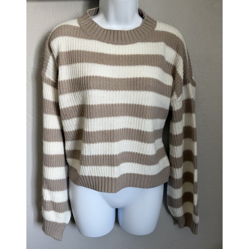 SHEIN Striped Sweater Womens Size Small Brown White Lantern Sleeve Cropped Soft